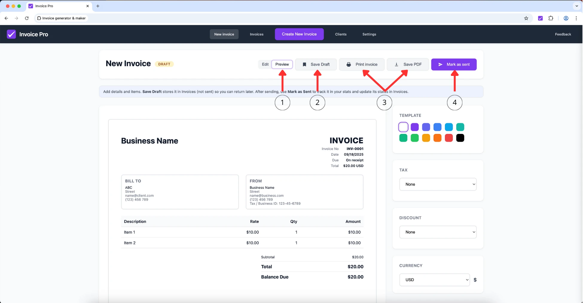 Invoice actions: preview, save, print, mark as sent